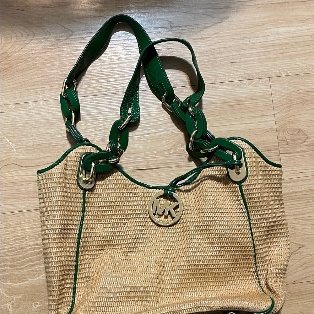 Michael Kors Tan and Green Woven Shoulder Bag